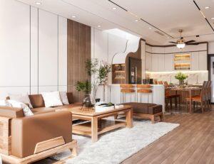 decor bếp mở với phòng khách