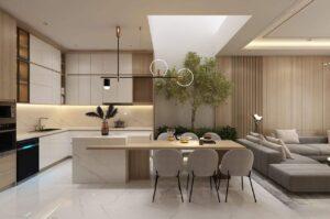 decor bếp mở với phòng khách