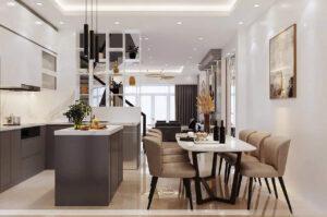 decor bếp mở với phòng khách