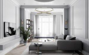 decor phòng khách tone trắng xám